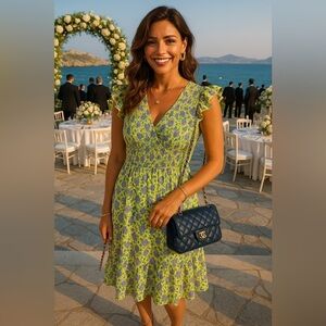 Cottagecore Prairie Ditzy Floral Dress V Neck Midi L Pale Yellow Easter Spring